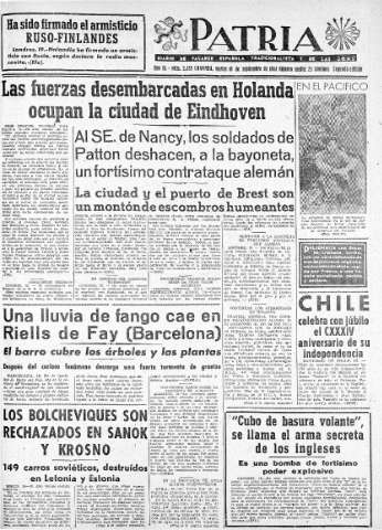 'Patria  : diario de Falange Española Tradicionalista y de las J.O.N.S.' - Año IX Número 2439 2ª ed. - 1944 Septiembre 19