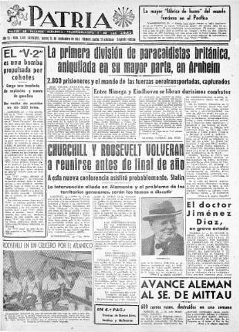 'Patria  : diario de Falange Española Tradicionalista y de las J.O.N.S.' - Año IX Número 2441 2ª ed. - 1944 Septiembre 21