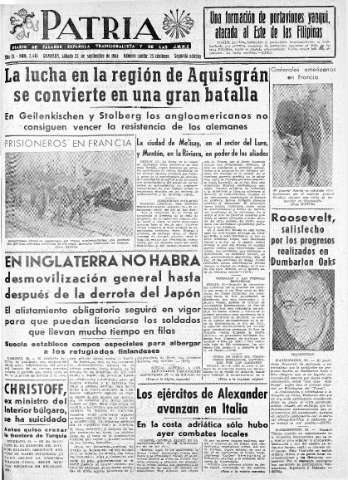'Patria  : diario de Falange Española Tradicionalista y de las J.O.N.S.' - Año IX Número 2443 2ª ed. - 1944 Septiembre 23