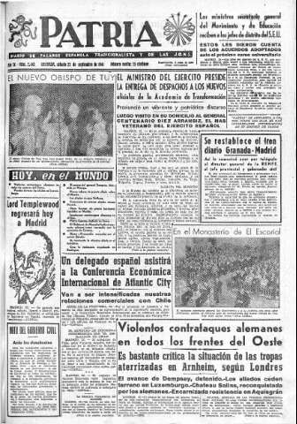 'Patria  : diario de Falange Española Tradicionalista y de las J.O.N.S.' - Año IX Número 2443  - 1944 Septiembre 23