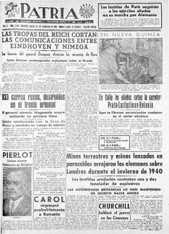 'Patria  : diario de Falange Española Tradicionalista y de las J.O.N.S.' - Año IX Número 2445 2ª ed. - 1944 Septiembre 26