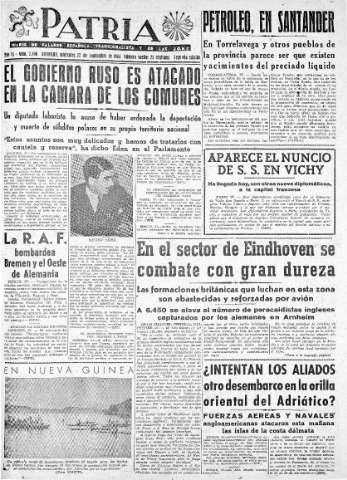 'Patria  : diario de Falange Española Tradicionalista y de las J.O.N.S.' - Año IX Número 2446 2ª ed. - 1944 Septiembre 27