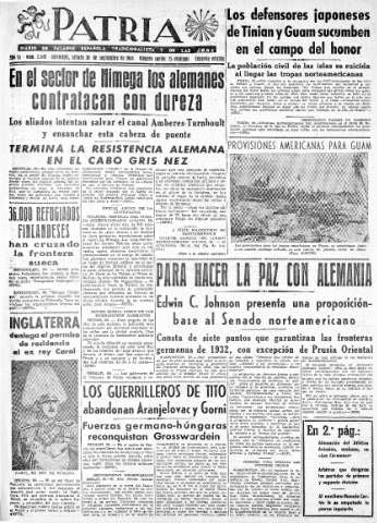 'Patria  : diario de Falange Española Tradicionalista y de las J.O.N.S.' - Año IX Número 2449 2ª ed. - 1944 Septiembre 30
