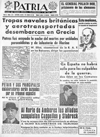 'Patria  : diario de Falange Española Tradicionalista y de las J.O.N.S.' - Año IX Número 2453 2ª ed. - 1944 Octubre 05