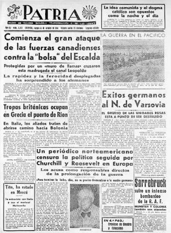 'Patria  : diario de Falange Española Tradicionalista y de las J.O.N.S.' - Año IX Número 2454 2ª ed. - 1944 Octubre 06