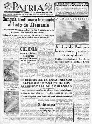 'Patria  : diario de Falange Española Tradicionalista y de las J.O.N.S.' - Año IX Número 2463 2ª ed. - 1944 Octubre 17