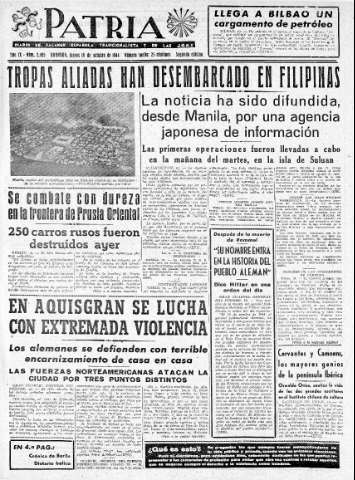 'Patria  : diario de Falange Española Tradicionalista y de las J.O.N.S.' - Año IX Número 2465 2ª ed. - 1944 Octubre 19