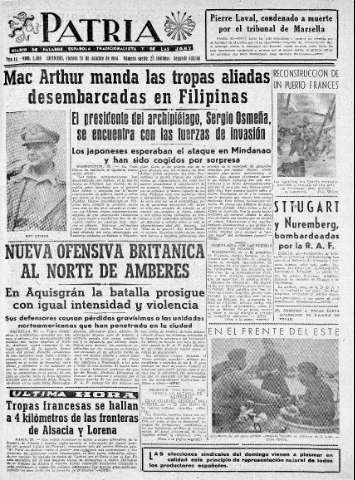 'Patria  : diario de Falange Española Tradicionalista y de las J.O.N.S.' - Año IX Número 2466 2ª ed. - 1944 Octubre 20