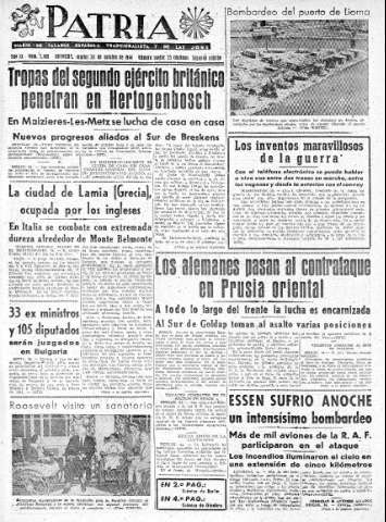 'Patria  : diario de Falange Española Tradicionalista y de las J.O.N.S.' - Año IX Número 2469 2ª ed. - 1944 Octubre 24