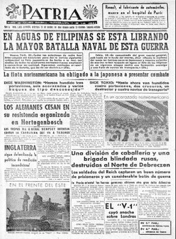 'Patria  : diario de Falange Española Tradicionalista y de las J.O.N.S.' - Año IX Número 2470 2ª ed. - 1944 Octubre 25