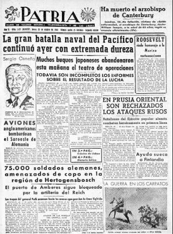'Patria  : diario de Falange Española Tradicionalista y de las J.O.N.S.' - Año IX Número 2471 2ª ed. - 1944 Octubre 26