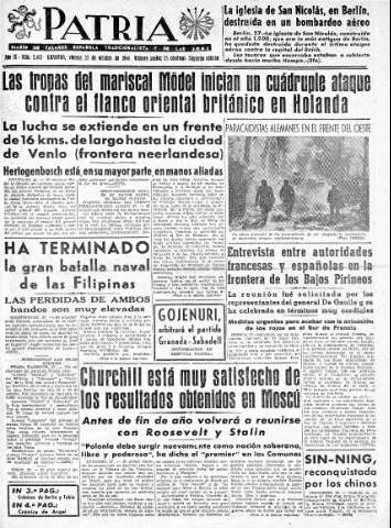 'Patria  : diario de Falange Española Tradicionalista y de las J.O.N.S.' - Año IX Número 2472 2ª ed. - 1944 Octubre 27