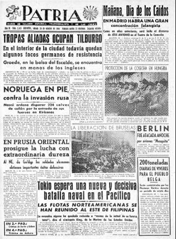 'Patria  : diario de Falange Española Tradicionalista y de las J.O.N.S.' - Año IX Número 2473 2ª ed. - 1944 Octubre 28