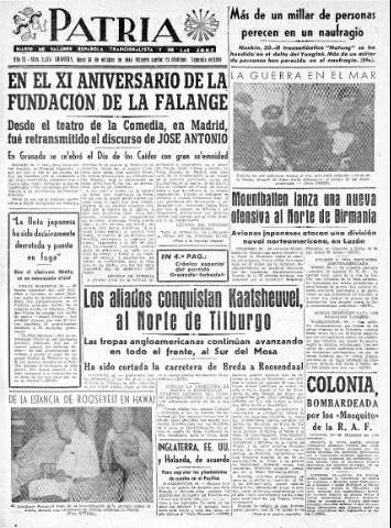 'Patria  : diario de Falange Española Tradicionalista y de las J.O.N.S.' - Año IX Número 2474 2ª ed. - 1944 Octubre 30