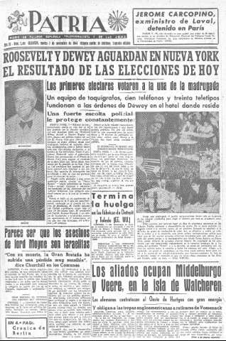 'Patria  : diario de Falange Española Tradicionalista y de las J.O.N.S.' - Año IX Número 2481 2ª ed. - 1944 Noviembre 07