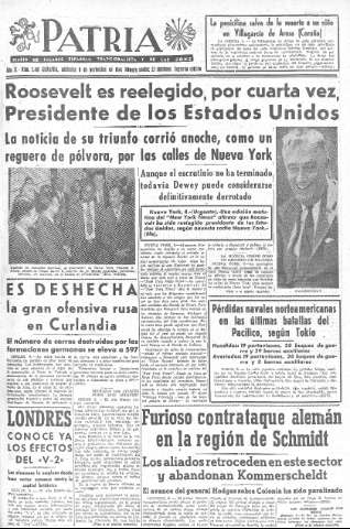 'Patria  : diario de Falange Española Tradicionalista y de las J.O.N.S.' - Año IX Número 2481 2ª ed. - 1944 Noviembre 08