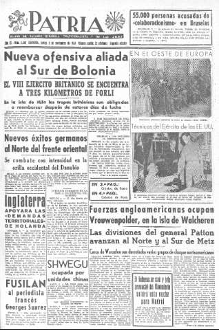 'Patria  : diario de Falange Española Tradicionalista y de las J.O.N.S.' - Año IX Número 2482 2ª ed. - 1944 Noviembre 09