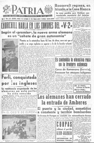 'Patria  : diario de Falange Española Tradicionalista y de las J.O.N.S.' - Año IX Número 2483 2ª ed. - 1944 Noviembre 10