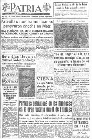 'Patria  : diario de Falange Española Tradicionalista y de las J.O.N.S.' - Año IX Número 2489 2ª ed. - 1944 Noviembre 18
