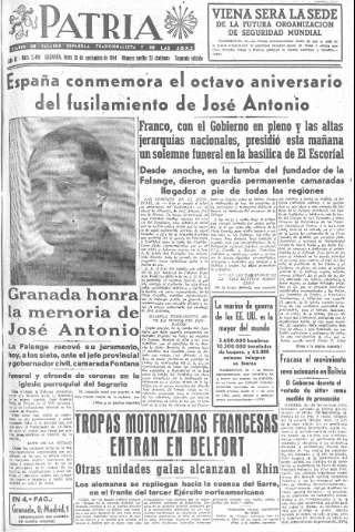 'Patria  : diario de Falange Española Tradicionalista y de las J.O.N.S.' - Año IX Número 2490 2ª ed. - 1944 Noviembre 20