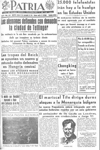 'Patria  : diario de Falange Española Tradicionalista y de las J.O.N.S.' - Año IX Número 2493 2ª ed. - 1944 Noviembre 23