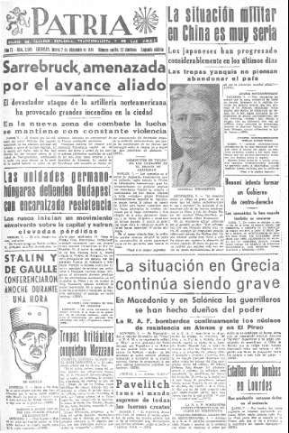 'Patria  : diario de Falange Española Tradicionalista y de las J.O.N.S.' - Año IX Número 2505 2ª ed. - 1944 Diciembre 07
