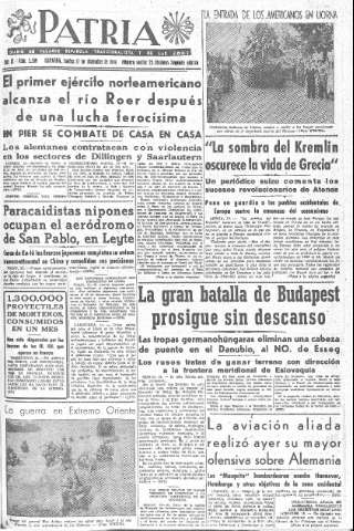 'Patria  : diario de Falange Española Tradicionalista y de las J.O.N.S.' - Año IX Número 2509 2ª ed. - 1944 Diciembre 12