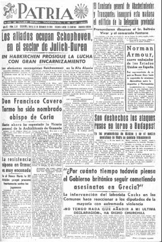 'Patria  : diario de Falange Española Tradicionalista y de las J.O.N.S.' - Año IX Número 2511 2ª ed. - 1944 Diciembre 14