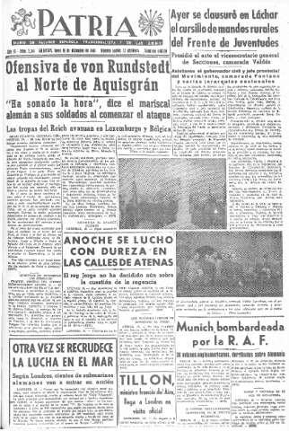 'Patria  : diario de Falange Española Tradicionalista y de las J.O.N.S.' - Año IX Número 2514 2ª ed. - 1944 Diciembre 18