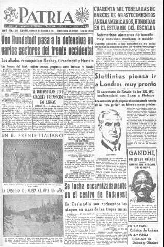 'Patria  : diario de Falange Española Tradicionalista y de las J.O.N.S.' - Año IX Número 2524 2ª ed. - 1944 Diciembre 29