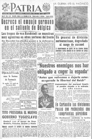 'Patria  : diario de Falange Española Tradicionalista y de las J.O.N.S.' - Año IX Número 2525 2ª ed. - 1944 Diciembre 30