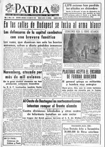 'Patria  : diario de Falange Española Tradicionalista y de las J.O.N.S.' - Año X Número 2528 2ª ed. - 1945 Enero 03