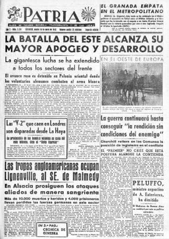 'Patria  : diario de Falange Española Tradicionalista y de las J.O.N.S.' - Año X Número 2539 2ª ed. - 1945 Enero 16