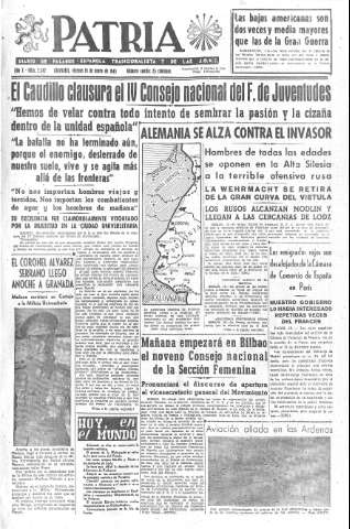 'Patria  : diario de Falange Española Tradicionalista y de las J.O.N.S.' - Año X Número 2542  - 1945 Enero 19