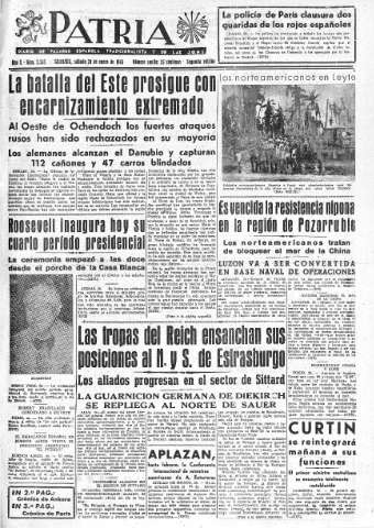 'Patria  : diario de Falange Española Tradicionalista y de las J.O.N.S.' - Año X Número 2543 2ª ed. - 1945 Enero 20