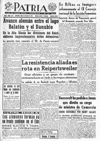 'Patria  : diario de Falange Española Tradicionalista y de las J.O.N.S.' - Año X Número 2544 2ª ed. - 1945 Enero 22