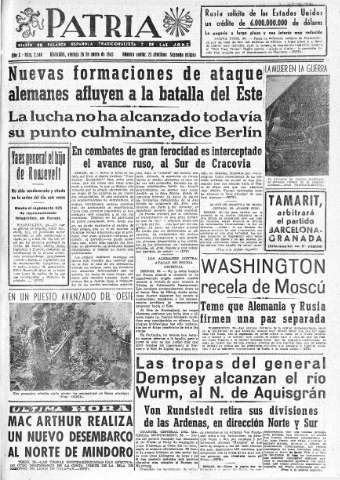 'Patria  : diario de Falange Española Tradicionalista y de las J.O.N.S.' - Año X Número 2548 2ª ed. - 1945 Enero 26
