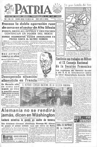 'Patria  : diario de Falange Española Tradicionalista y de las J.O.N.S.' - Año X Número 2550  - 1945 Enero 28