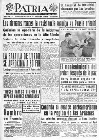 'Patria  : diario de Falange Española Tradicionalista y de las J.O.N.S.' - Año X Número 2551 2ª ed. - 1945 Enero 30