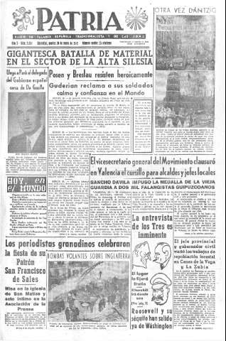 'Patria  : diario de Falange Española Tradicionalista y de las J.O.N.S.' - Año X Número 2551  - 1945 Enero 30