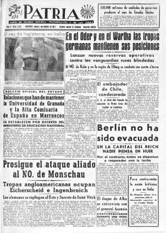 'Patria  : diario de Falange Española Tradicionalista y de las J.O.N.S.' - Año X Número 2553 2ª ed. - 1945 Febrero 01