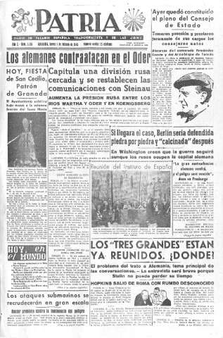 'Patria  : diario de Falange Española Tradicionalista y de las J.O.N.S.' - Año X Número 2553  - 1945 Febrero 01