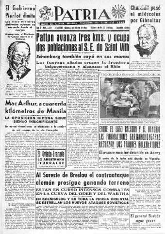 'Patria  : diario de Falange Española Tradicionalista y de las J.O.N.S.' - Año X Número 2554 2ª ed. - 1945 Febrero 02