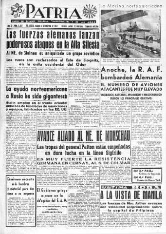 'Patria  : diario de Falange Española Tradicionalista y de las J.O.N.S.' - Año X Número 2555 2ª ed. - 1945 Febrero 03