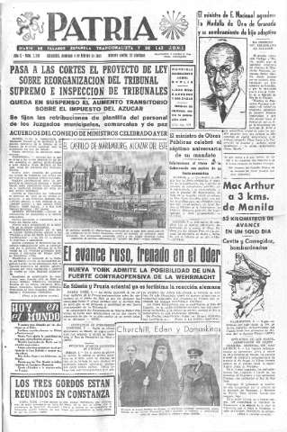 'Patria  : diario de Falange Española Tradicionalista y de las J.O.N.S.' - Año X Número 2556  - 1945 Febrero 04