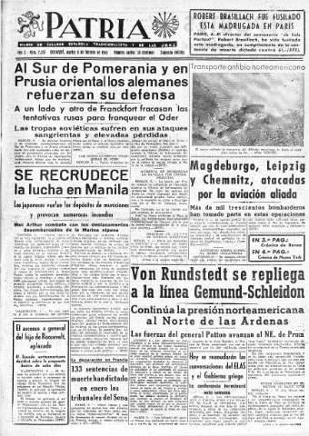 'Patria  : diario de Falange Española Tradicionalista y de las J.O.N.S.' - Año X Número 2557 2ª ed. - 1945 Febrero 06
