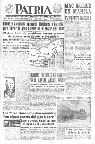 'Patria  : diario de Falange Española Tradicionalista y de las J.O.N.S.' - Año X Número 2557  - 1945 Febrero 06