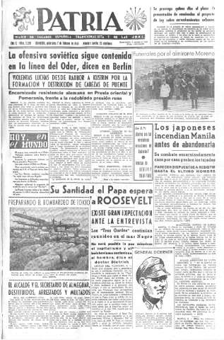 'Patria  : diario de Falange Española Tradicionalista y de las J.O.N.S.' - Año X Número 2558  - 1945 Febrero 07