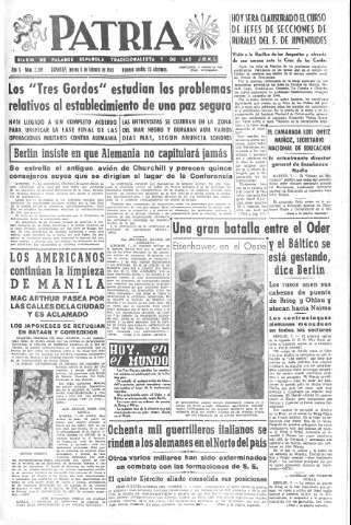 'Patria  : diario de Falange Española Tradicionalista y de las J.O.N.S.' - Año X Número 2559  - 1945 Febrero 08