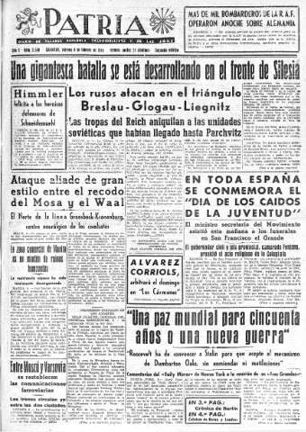 'Patria  : diario de Falange Española Tradicionalista y de las J.O.N.S.' - Año X Número 2560 2ª ed. - 1945 Febrero 09